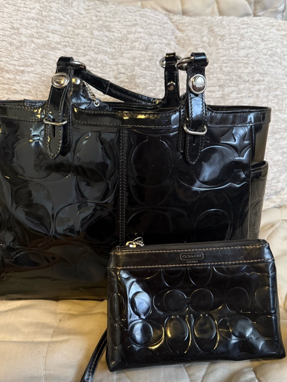 Coach Black Patent Leather Tote with Matching Wristlet